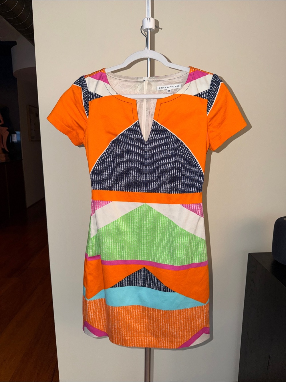 Trina Turk Orange Geo-Panel Mini Dress with Navy, Green & Aqua Accents